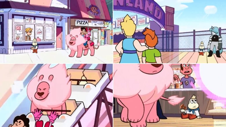 Four images of Onion in various locations throughout Beach City in "Steven Universe: The Movie"