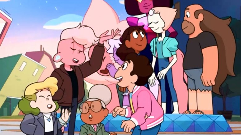 Sadie Miller, Lars Barriga, Nanefua Pizza, Steven Universe, Lion, Amethyst, Connie Maheswaran, Garnet, Pearl, and Greg Universe in "Steven Universe: The Movie"