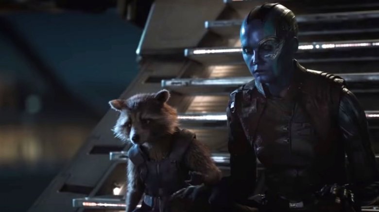 Bradley Cooper as Rocket and Karen Gillan as Nebula in Avengers: Endgame