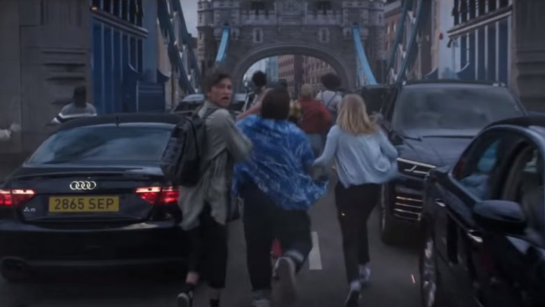 MJ, Ned, and Betty flee danger on London's Tower Bridge in Spider-Man: Far from Home