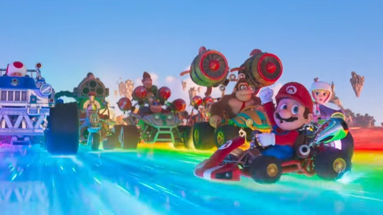 The heroes of The Super Mario Bros. Movie driving vehicles