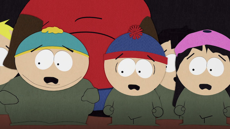Cartman, Stan, and Wendy shocked