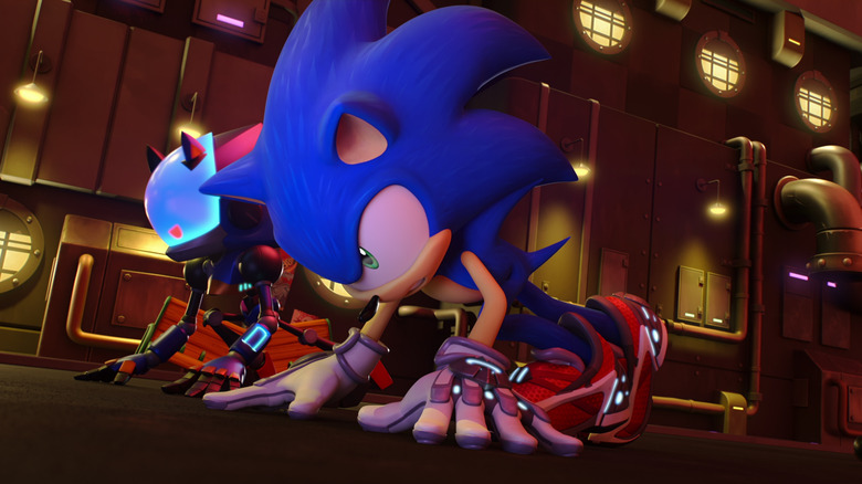 Sonic the Hedgehog preparing to race against a robot duplicate