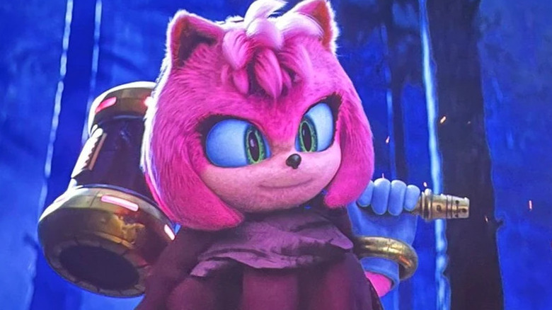 Amy Rose pulling down hood, holding hammer