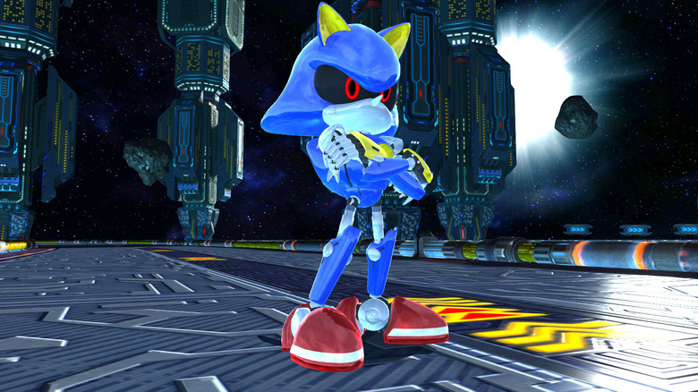 Metal Sonic posing menacingly on a space platform