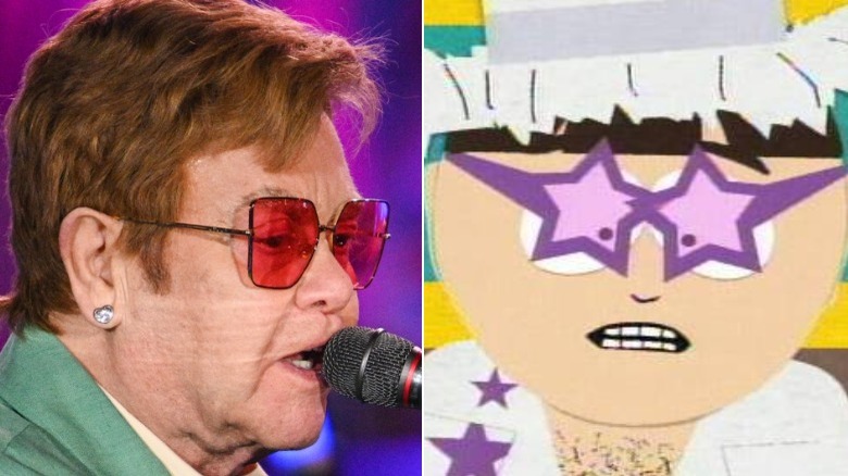 Elton John sings into a microphone 