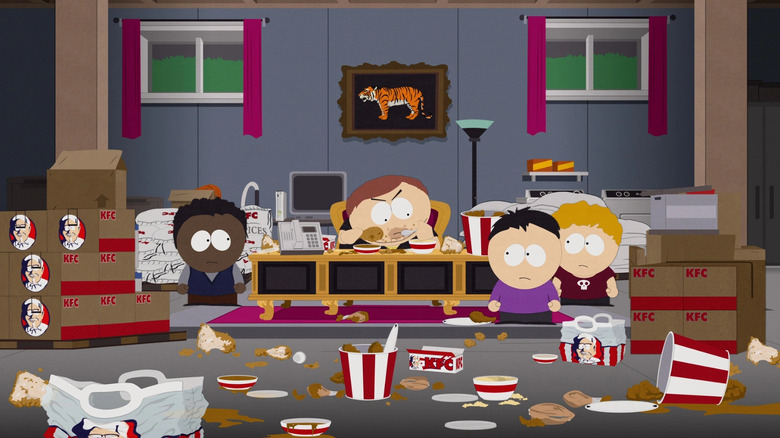 Mobster Cartman eating KFC