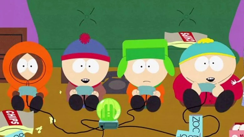 Kenny, Stan, Kyle, and Cartman playing video games
