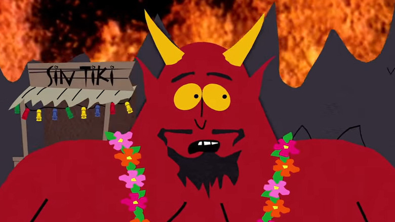 Satan celebrating a Luau in hell