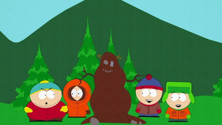 Cartman, Kenny, Stan and Kyle talking to each other
