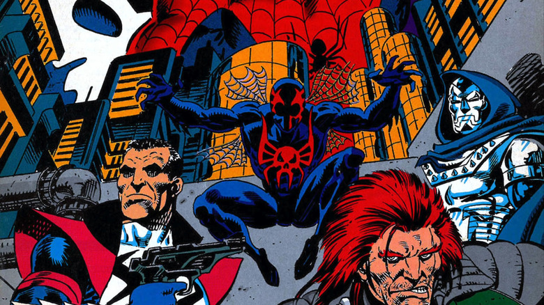 Punisher 2099, Spider-Man 2099, Ravage 2099, and Doom 2099 stand next to each other in a dark city