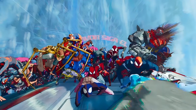 An army of spider-people climbing over each other on an upward moving train