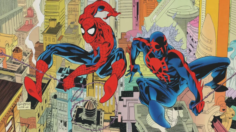 Spider-Man and Spider-Man 2099 swing next to each other over New York