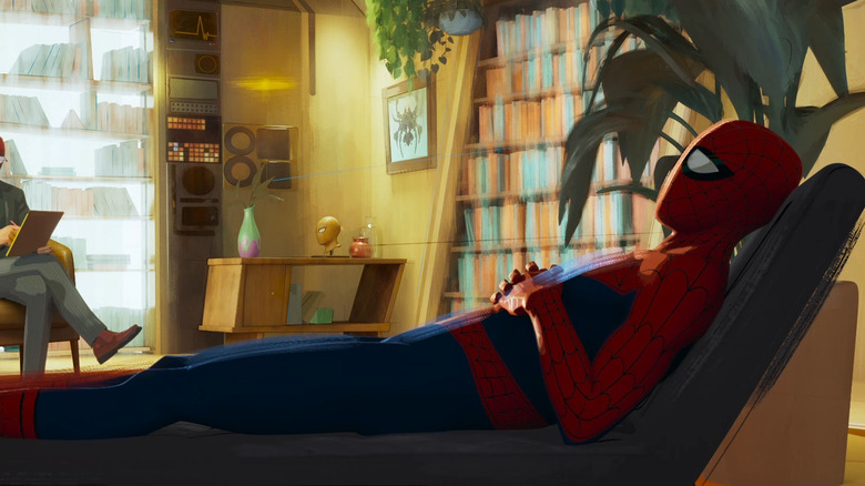 Spider-Man lies on the couch 