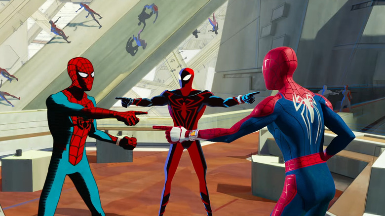 Spider-Men pointing at each other