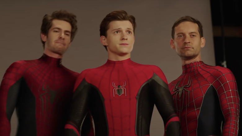 Andrew Garfield, Tom Holland, and Tobey Maguire in Spider-Man: No Way Home photoshoot