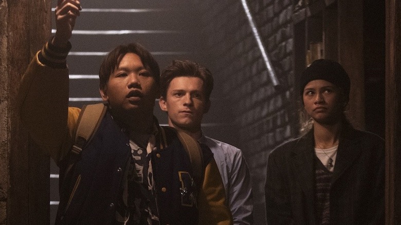 Ned, Peter, and MJ standing together in Spider-Man: No Way Home