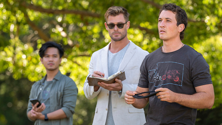 Chris Hemsworth, Mark Paguio and Miles Teller in "Spiderhead"