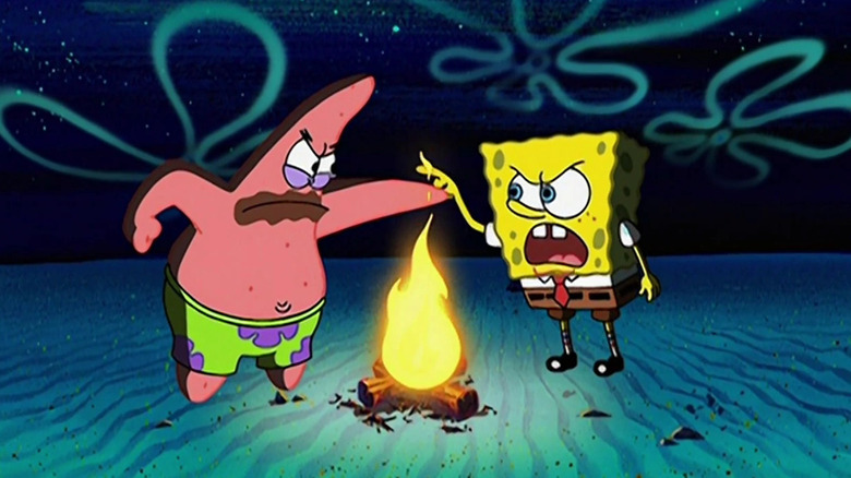 Patrick and SpongeBob fighting over a campfire