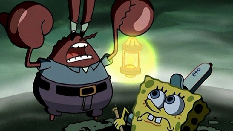 Krabs ordering SpongeBob to dig a grave