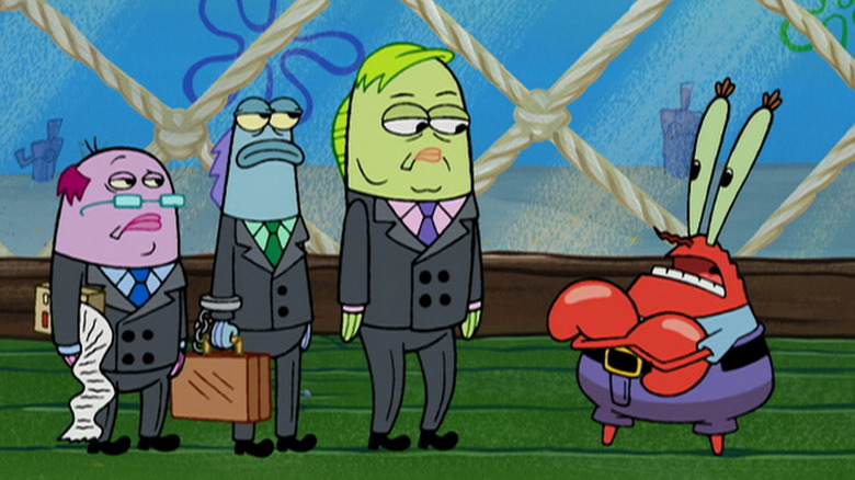 Mr. Krabs talking to fish in suits