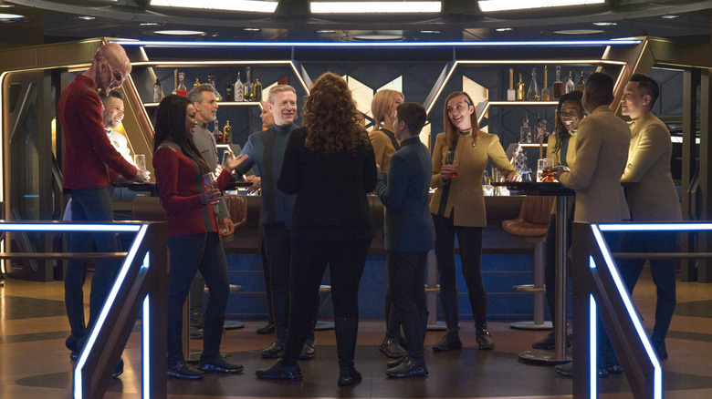 The cast of Star Trek Discovery share a drink onboard the ship