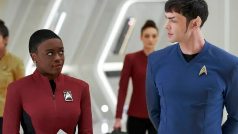 Uhura looking at Spock