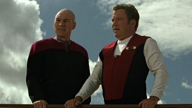 Picard and Kirk on a scaffold