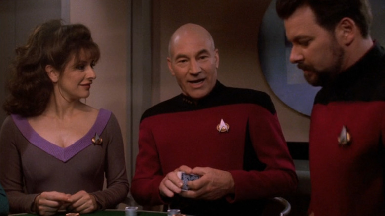 Deanna Troi, Jean-Luc Picard, and William Riker on Star Trek The Next Generation