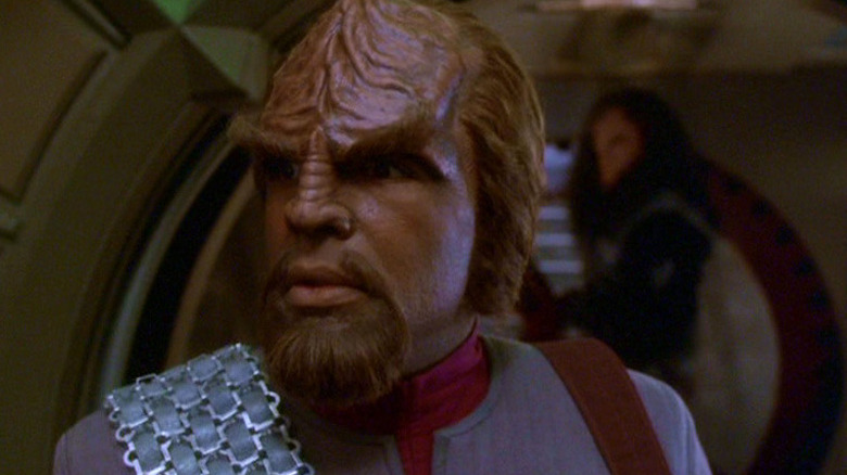 Worf (Michael Dorn) about to depart Deep Space Nine for the last time in "What You Leave Behind"