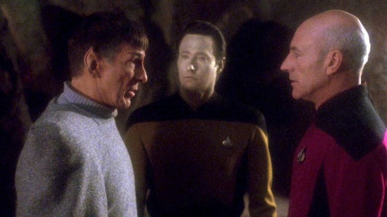 Ambassador Spock, Commander Data, and Captain Picard talk in "Unification"