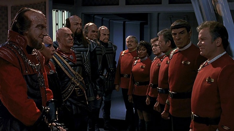 A Klingon delegation greets the Enterprise crew in "Star Trek VI: The Undiscovered Country"