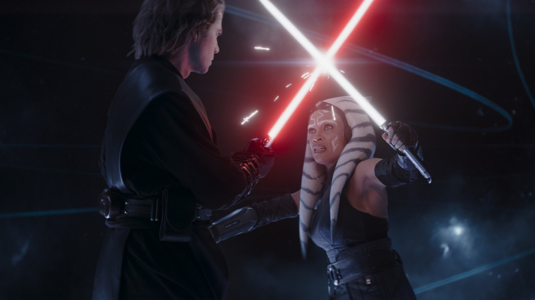 Anakin and Ahsoka dueling with lightsabers