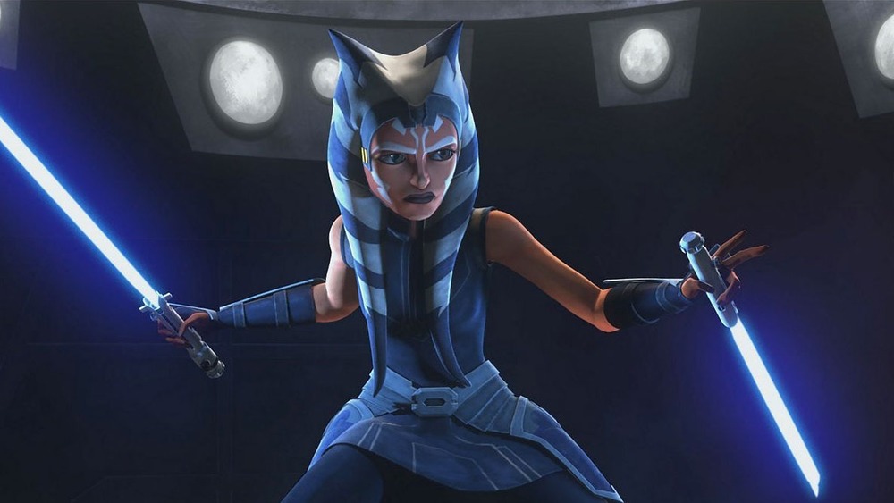 Ahsoka Tano holding two white lightsabers