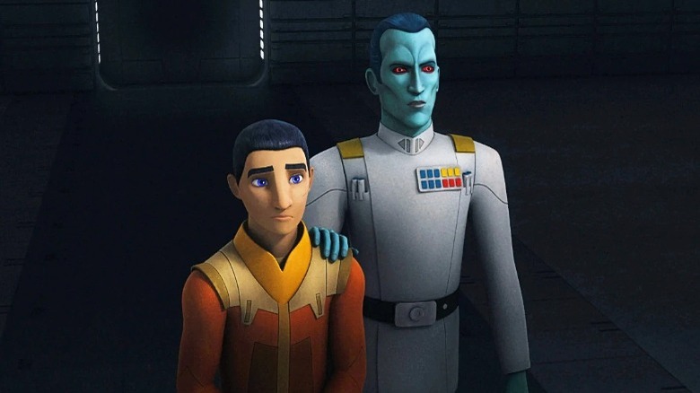 Thrawn with his hand on Ezra Bridger's shoulder