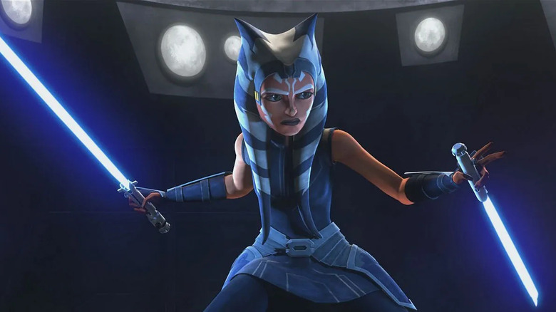 Ahsoka wields two blue lightsabers