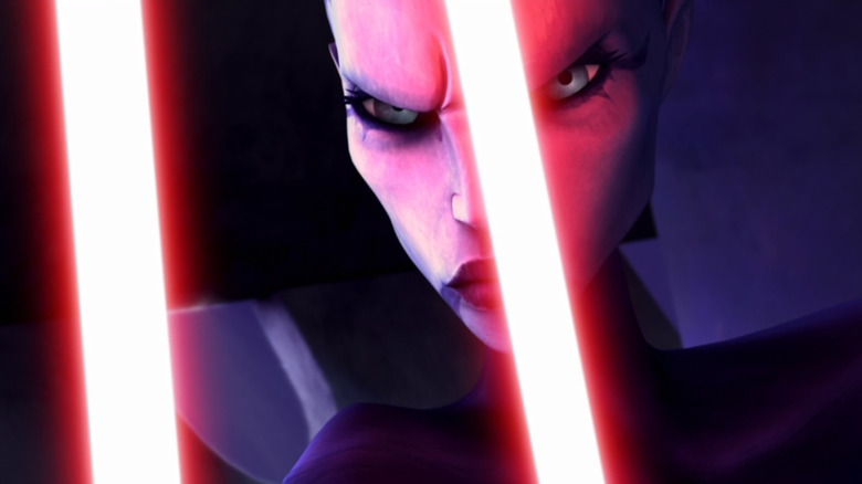 Asajj Ventress holding two sabers