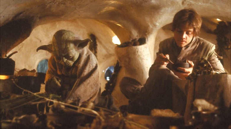 Yoda and Luke in Yoda's hut on Dagobah