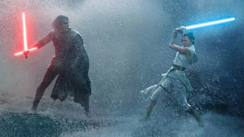 Rey and Kylo Ren duel in rain