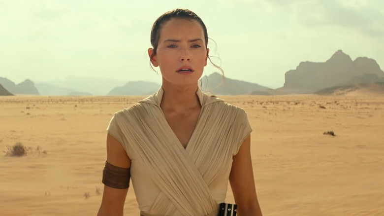 Rey standing in the middle of the desert