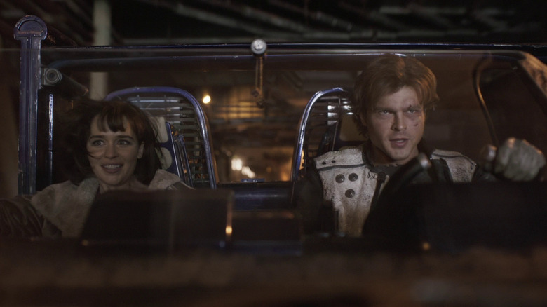 Han Solo and Qi'ra escape from Corellia in Solo: A Star Wars Story.