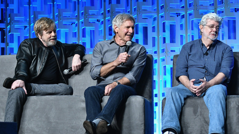 Mark Hammill, Harrison Ford, and George Lucas talking