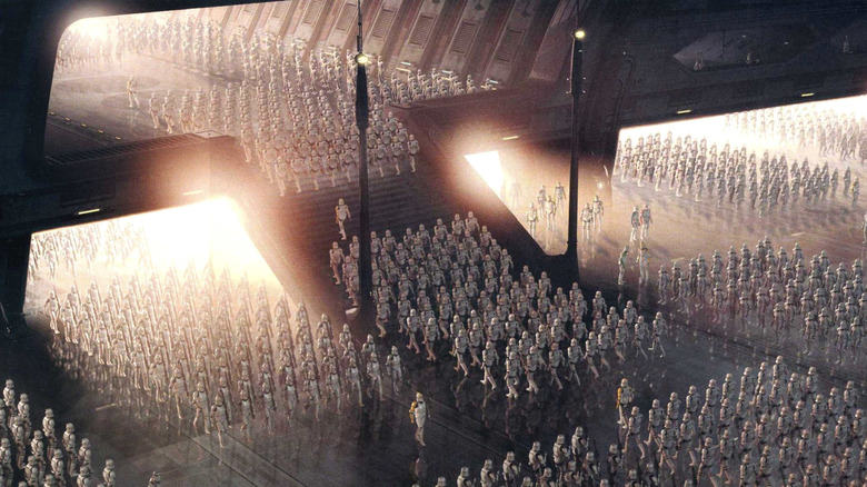 Clone troopers marching in facility