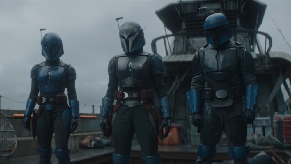 Katee Sackhoff, Sasha Banks, and Simon Kassianides as Bo-Katan Kryze, Koska Reeves, and Axe Woves on The Mandalorian