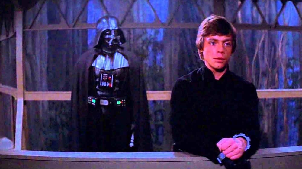 Mark Hamill as Luke Skywalker and David Prowse as Darth Vader, in Star Wars: Return of the Jedi