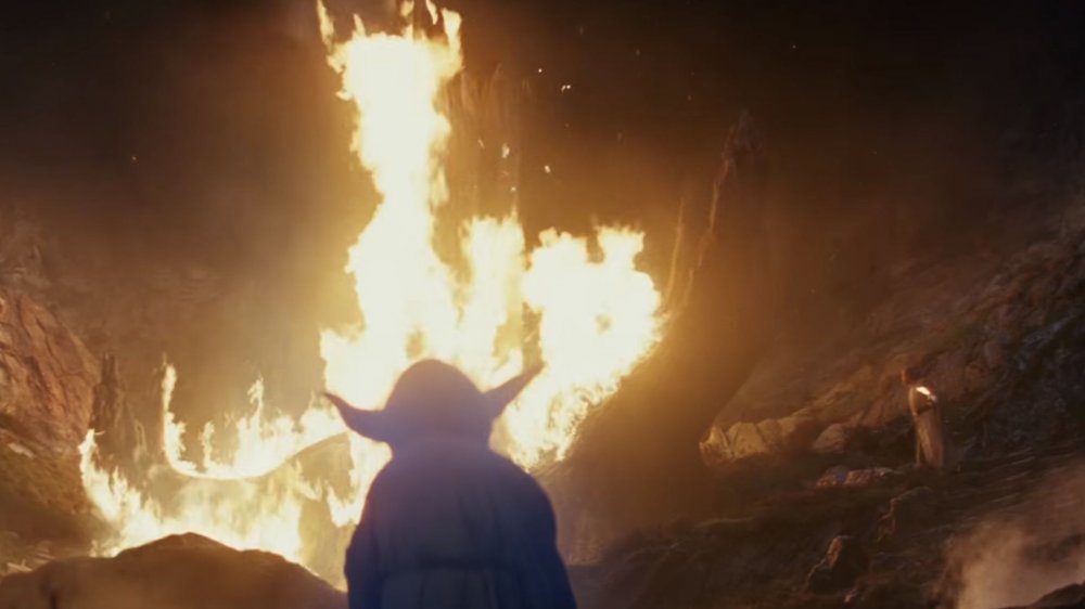 Yoda burning the sacred texts in Star Wars: The Last Jedi