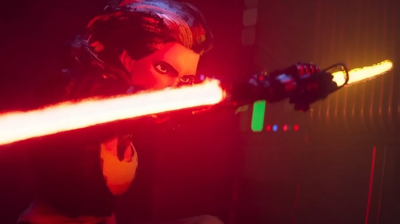 Woman wielding double-bladed lightsaber