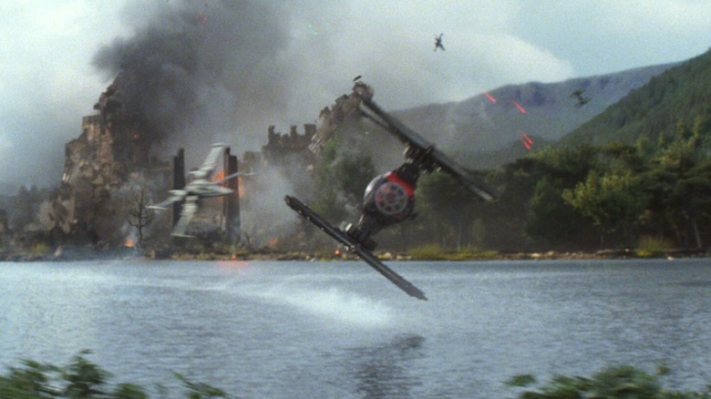 First Order TIE fighter flying over water