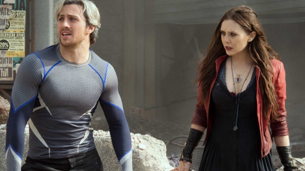 Aaron Taylor-Johnson and Elizabeth Olsen as Pietro and Wanda Maximoff in Avengers: Age of Ultron