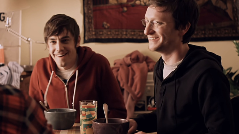 Akiva Schaffer and Jorma Taccone laugh